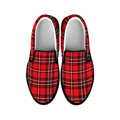 Red And White Tartan Pattern Print Black Slip On Shoes