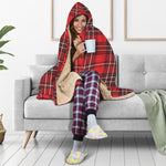 Red And White Tartan Pattern Print Hooded Blanket