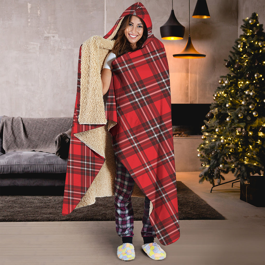 Red And White Tartan Pattern Print Hooded Blanket