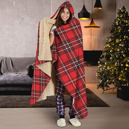 Red And White Tartan Pattern Print Hooded Blanket