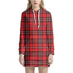 Red And White Tartan Pattern Print Hoodie Dress