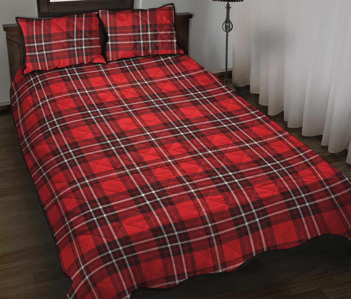 Red And White Tartan Pattern Print Quilt Bed Set