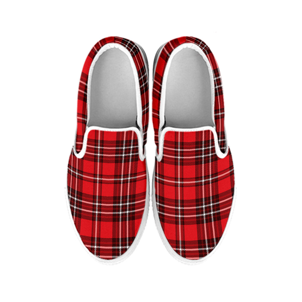 Red And White Tartan Pattern Print White Slip On Shoes