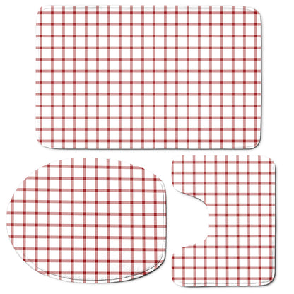 Red And White Tattersall Pattern Print 3 Piece Bath Mat Set