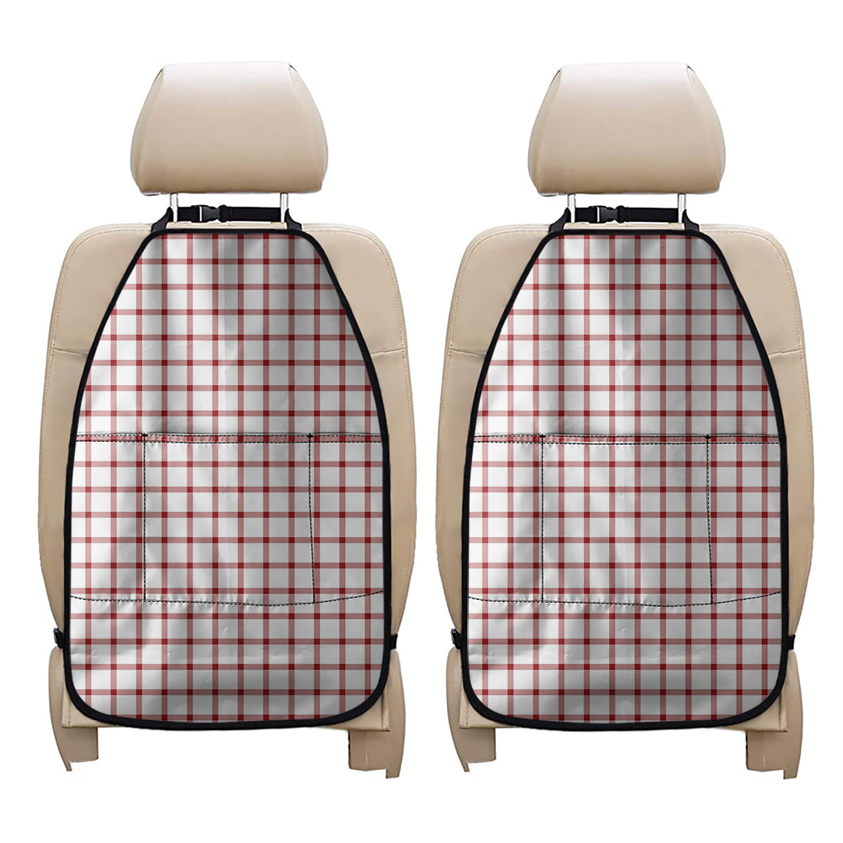 Red And White Tattersall Pattern Print Car Seat Organizers