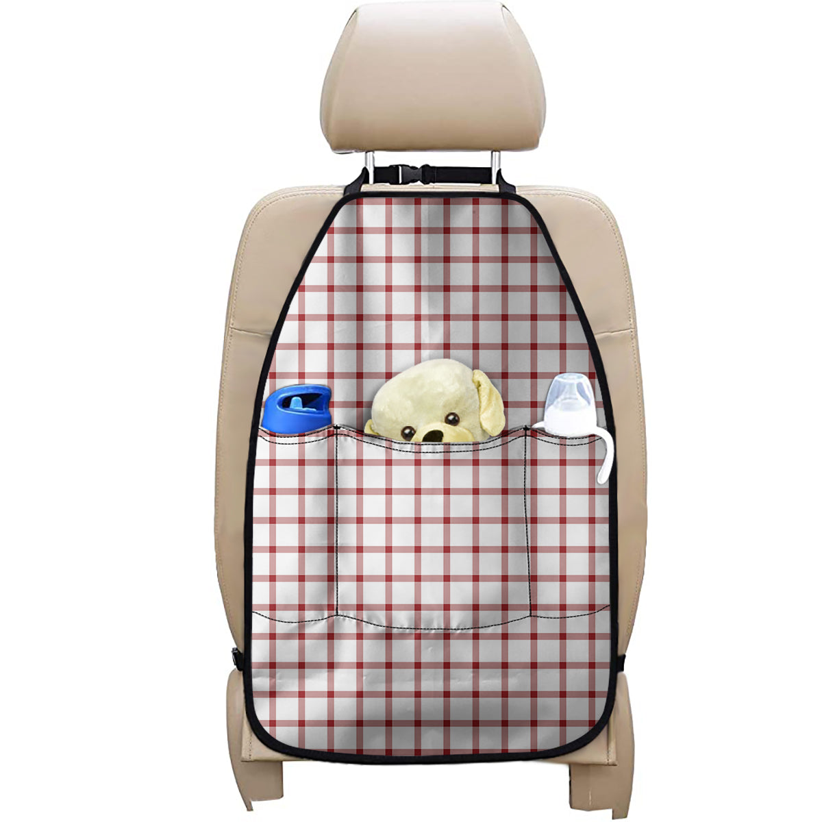 Red And White Tattersall Pattern Print Car Seat Organizers