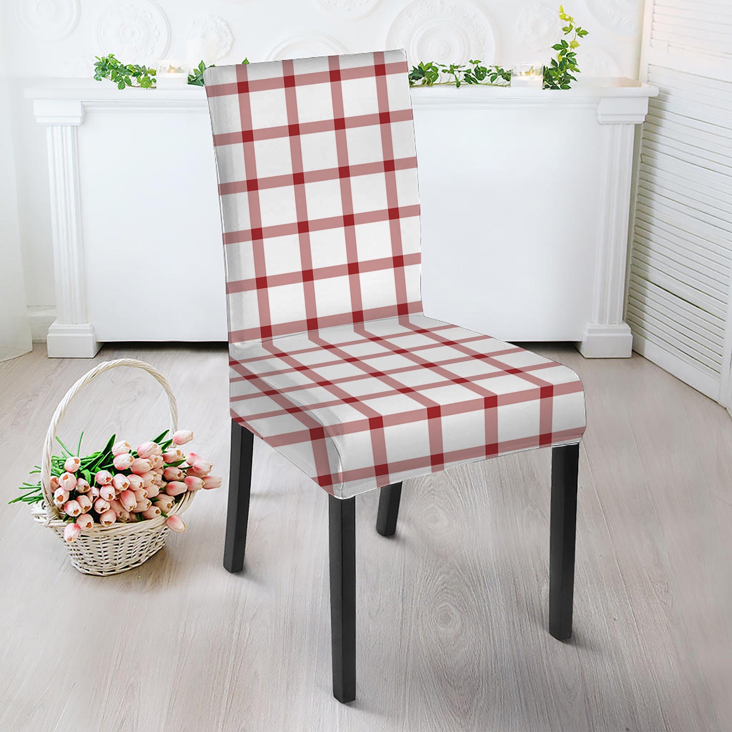 Red And White Tattersall Pattern Print Dining Chair Slipcover