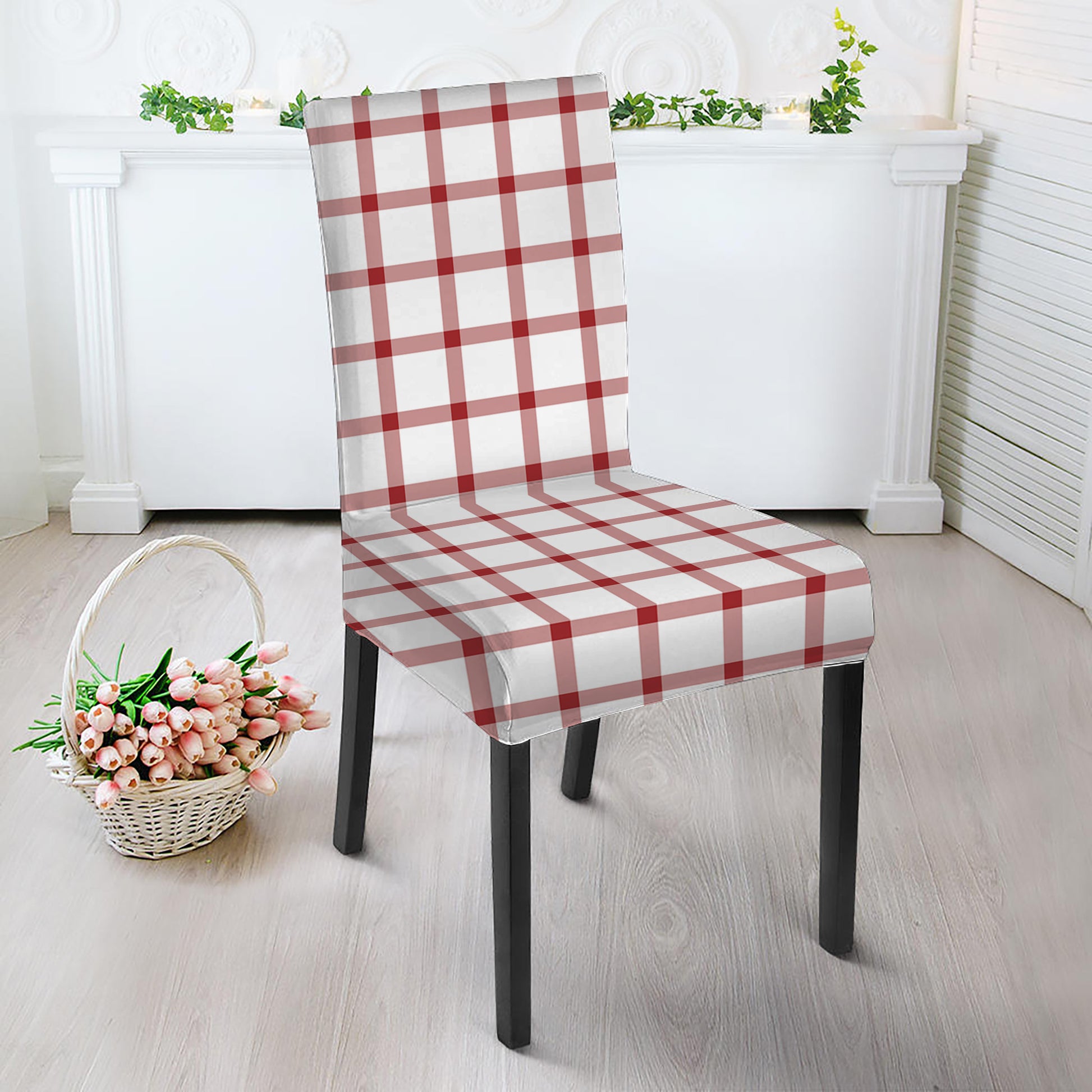 Red And White Tattersall Pattern Print Dining Chair Slipcover