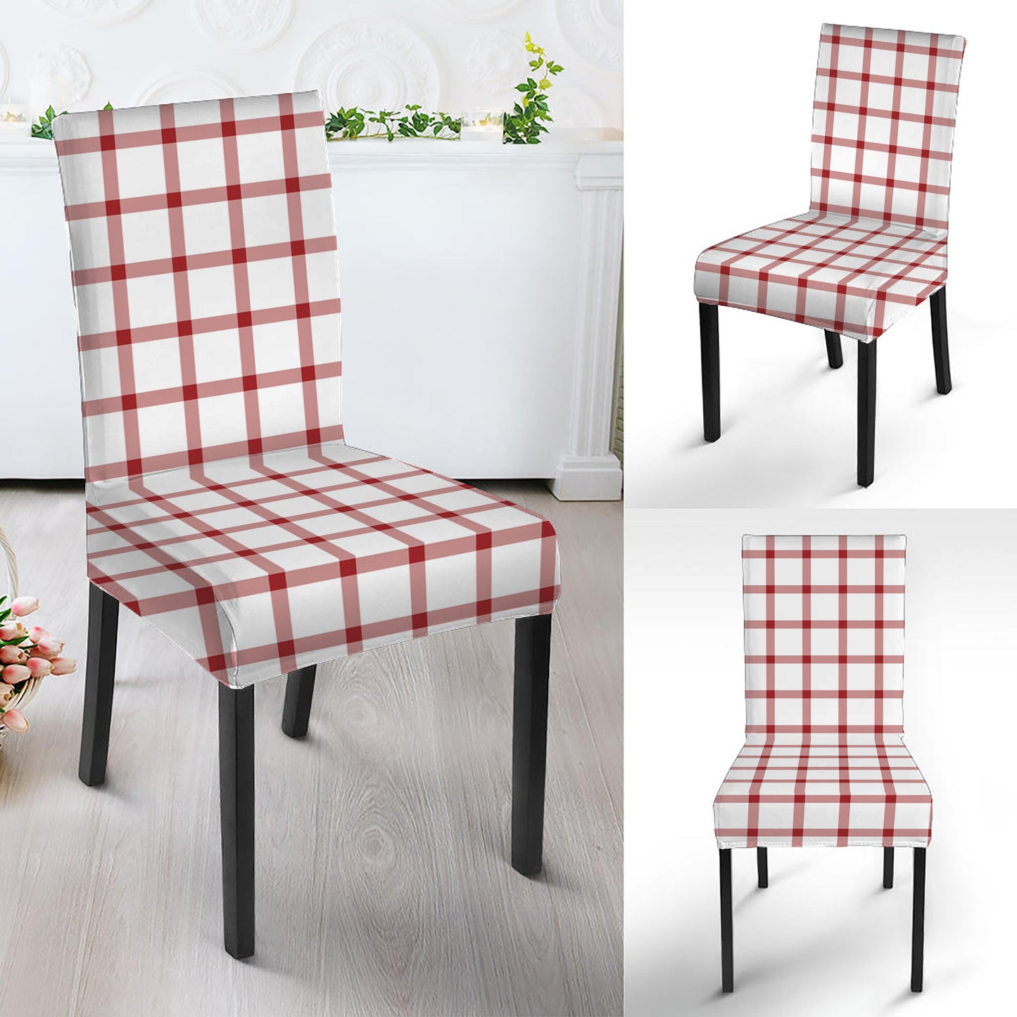 Red And White Tattersall Pattern Print Dining Chair Slipcover