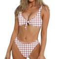 Red And White Tattersall Pattern Print Front Bow Tie Bikini