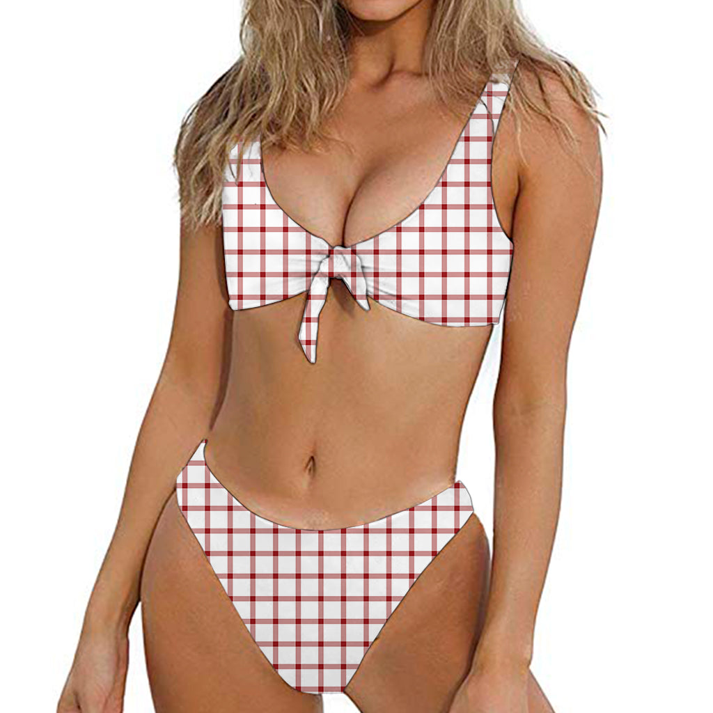 Red And White Tattersall Pattern Print Front Bow Tie Bikini