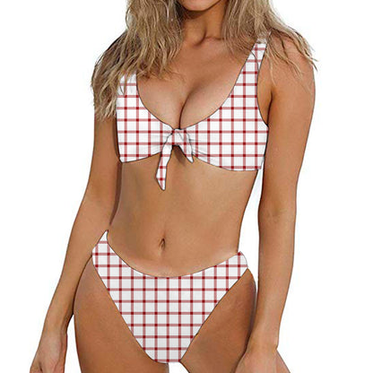 Red And White Tattersall Pattern Print Front Bow Tie Bikini