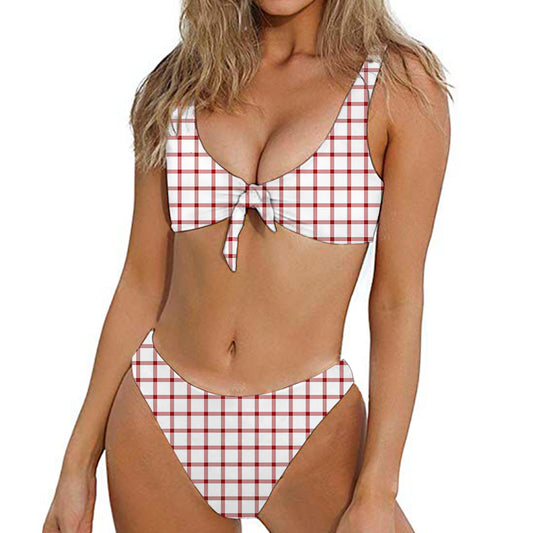 Red And White Tattersall Pattern Print Front Bow Tie Bikini