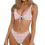 Red And White Tattersall Pattern Print Front Bow Tie Bikini