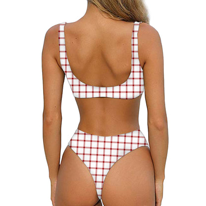 Red And White Tattersall Pattern Print Front Bow Tie Bikini