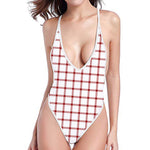 Red And White Tattersall Pattern Print One Piece High Cut Swimsuit