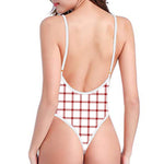Red And White Tattersall Pattern Print One Piece High Cut Swimsuit