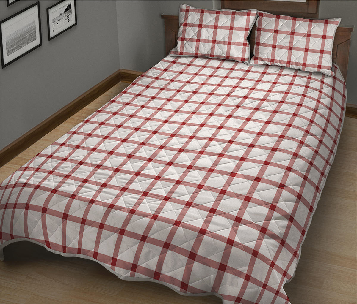 Red And White Tattersall Pattern Print Quilt Bed Set