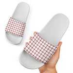 Red And White Tattersall Pattern Print White Slide Sandals