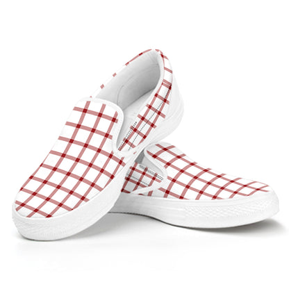 Red And White Tattersall Pattern Print White Slip On Shoes
