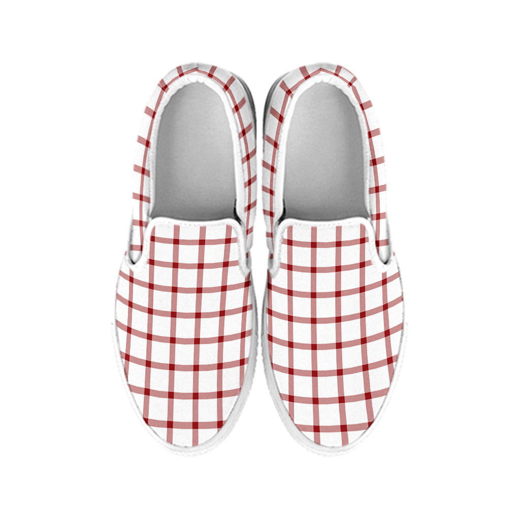 Red And White Tattersall Pattern Print White Slip On Shoes