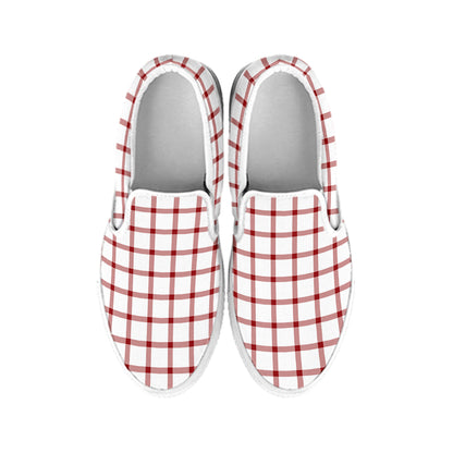 Red And White Tattersall Pattern Print White Slip On Shoes