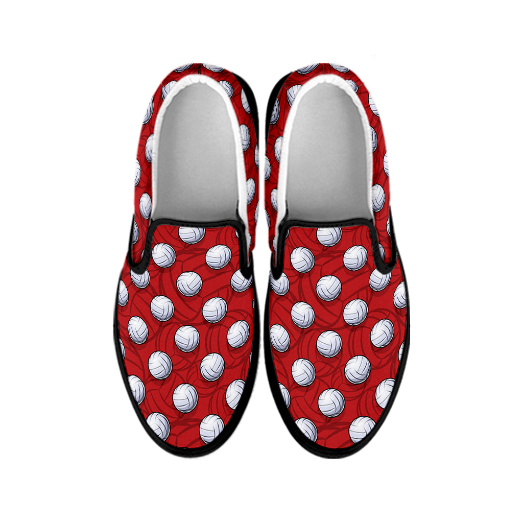 Red And White Volleyball Pattern Print Black Slip On Shoes