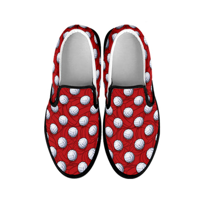 Red And White Volleyball Pattern Print Black Slip On Shoes