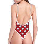 Red And White Volleyball Pattern Print One Piece High Cut Swimsuit
