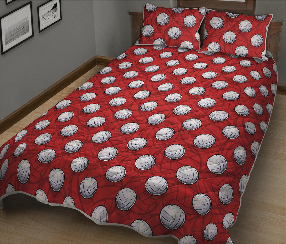 Red And White Volleyball Pattern Print Quilt Bed Set