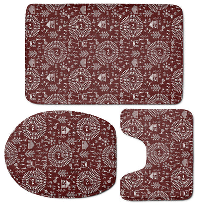 Red And White Warli Tribal Print 3 Piece Bath Mat Set