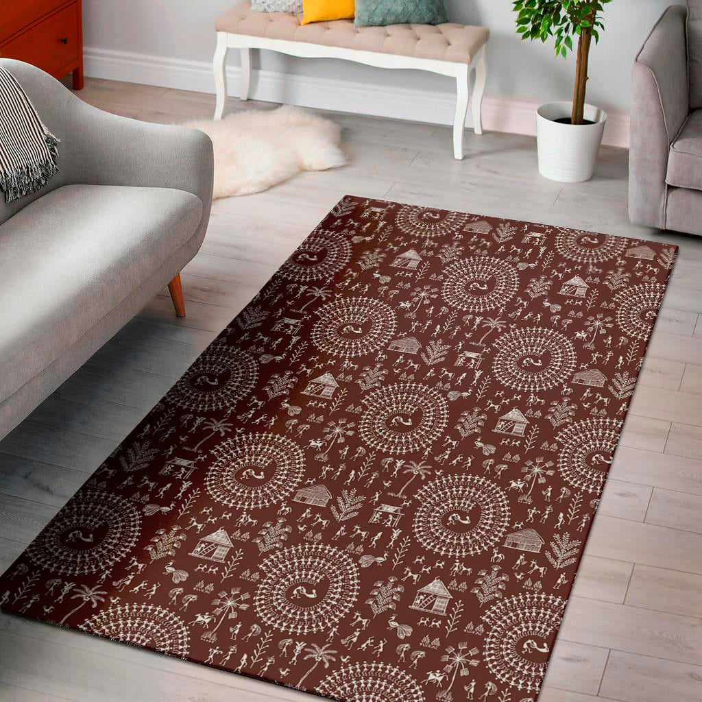 Red And White Warli Tribal Print Area Rug