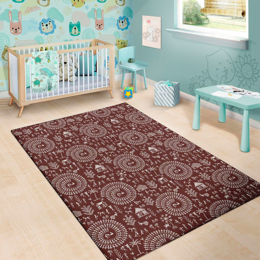 Red And White Warli Tribal Print Area Rug