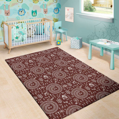 Red And White Warli Tribal Print Area Rug