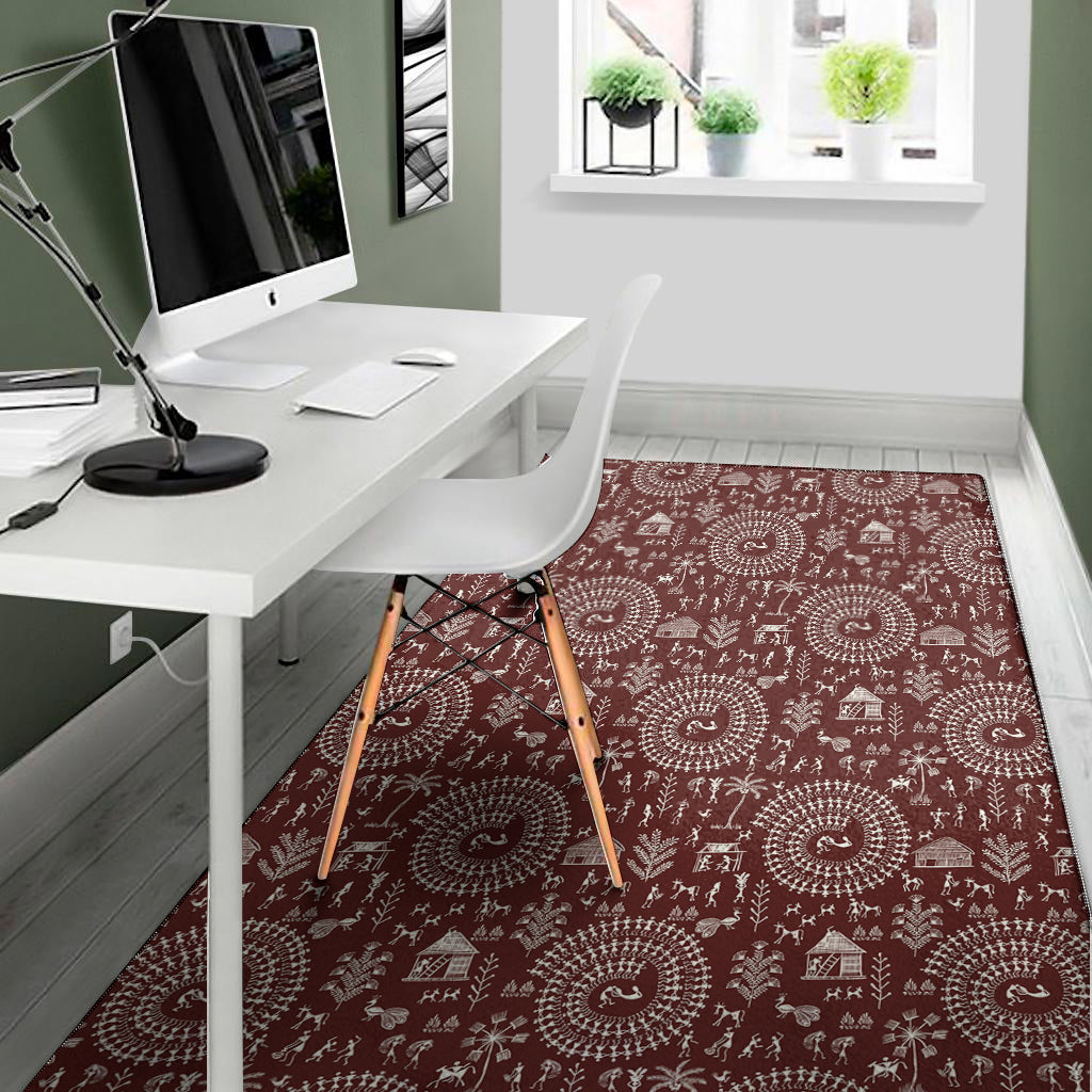 Red And White Warli Tribal Print Area Rug