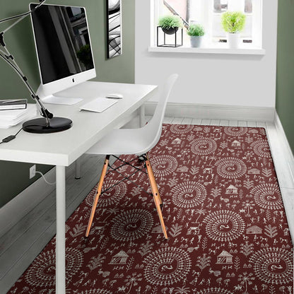 Red And White Warli Tribal Print Area Rug