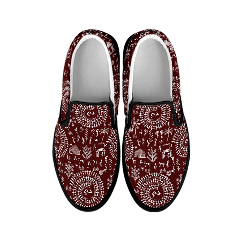 Red And White Warli Tribal Print Black Slip On Shoes