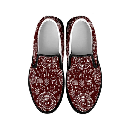 Red And White Warli Tribal Print Black Slip On Shoes