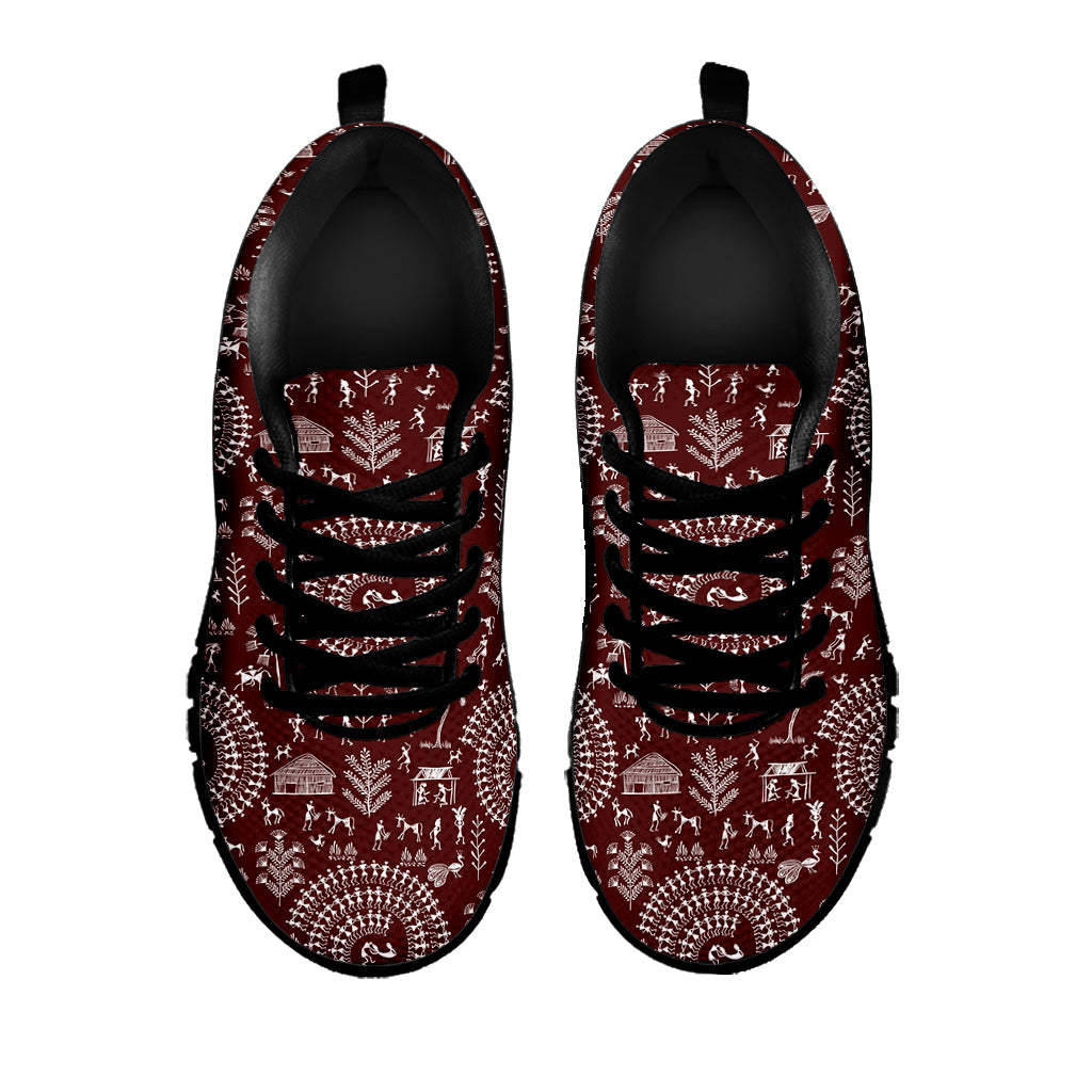 Red And White Warli Tribal Print Black Sneakers