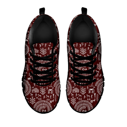 Red And White Warli Tribal Print Black Sneakers