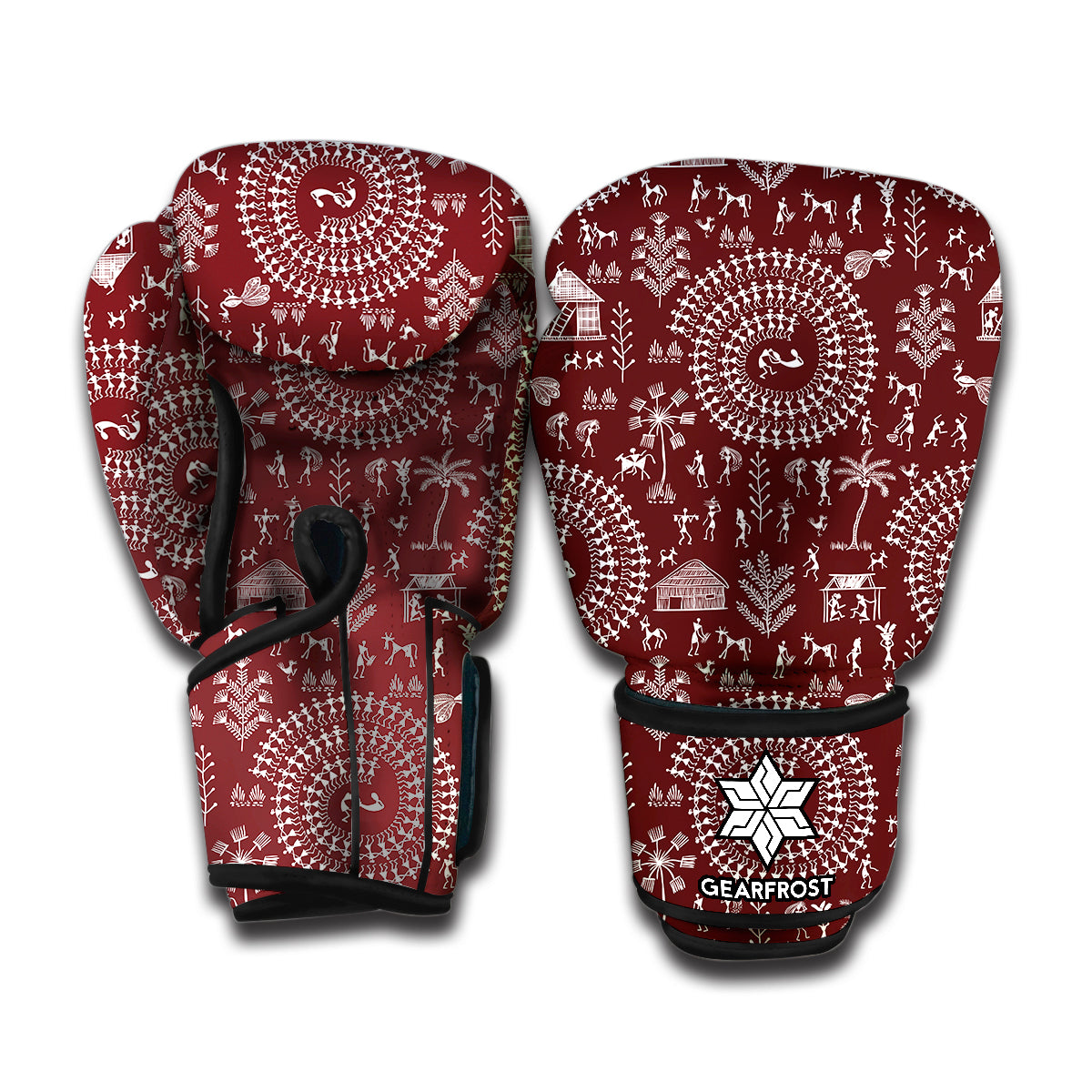 Red And White Warli Tribal Print Boxing Gloves