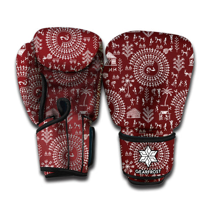 Red And White Warli Tribal Print Boxing Gloves