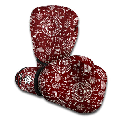 Red And White Warli Tribal Print Boxing Gloves