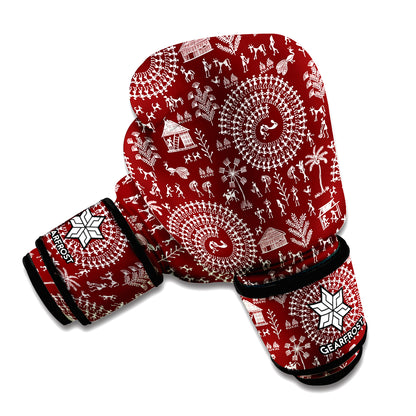 Red And White Warli Tribal Print Boxing Gloves