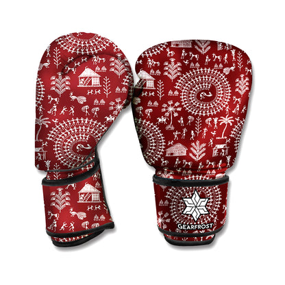 Red And White Warli Tribal Print Boxing Gloves