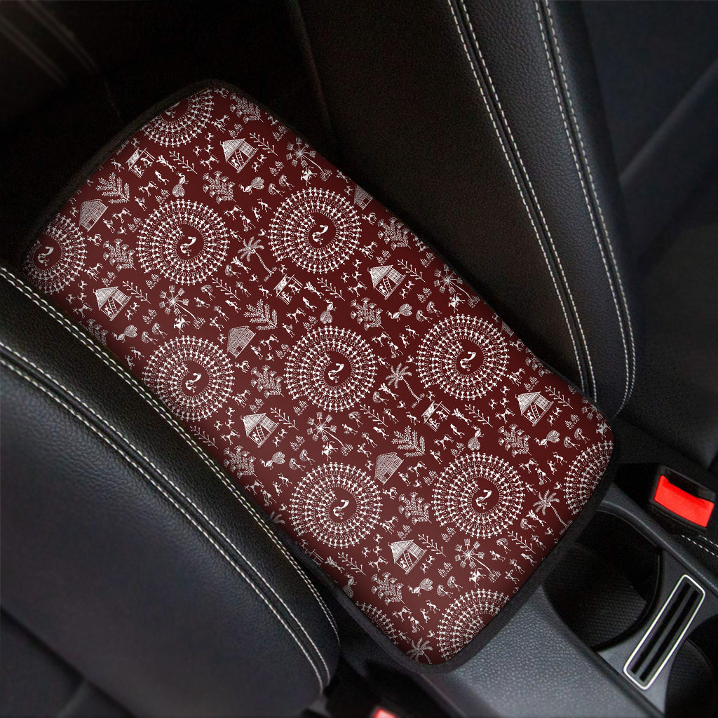 Red And White Warli Tribal Print Car Center Console Cover