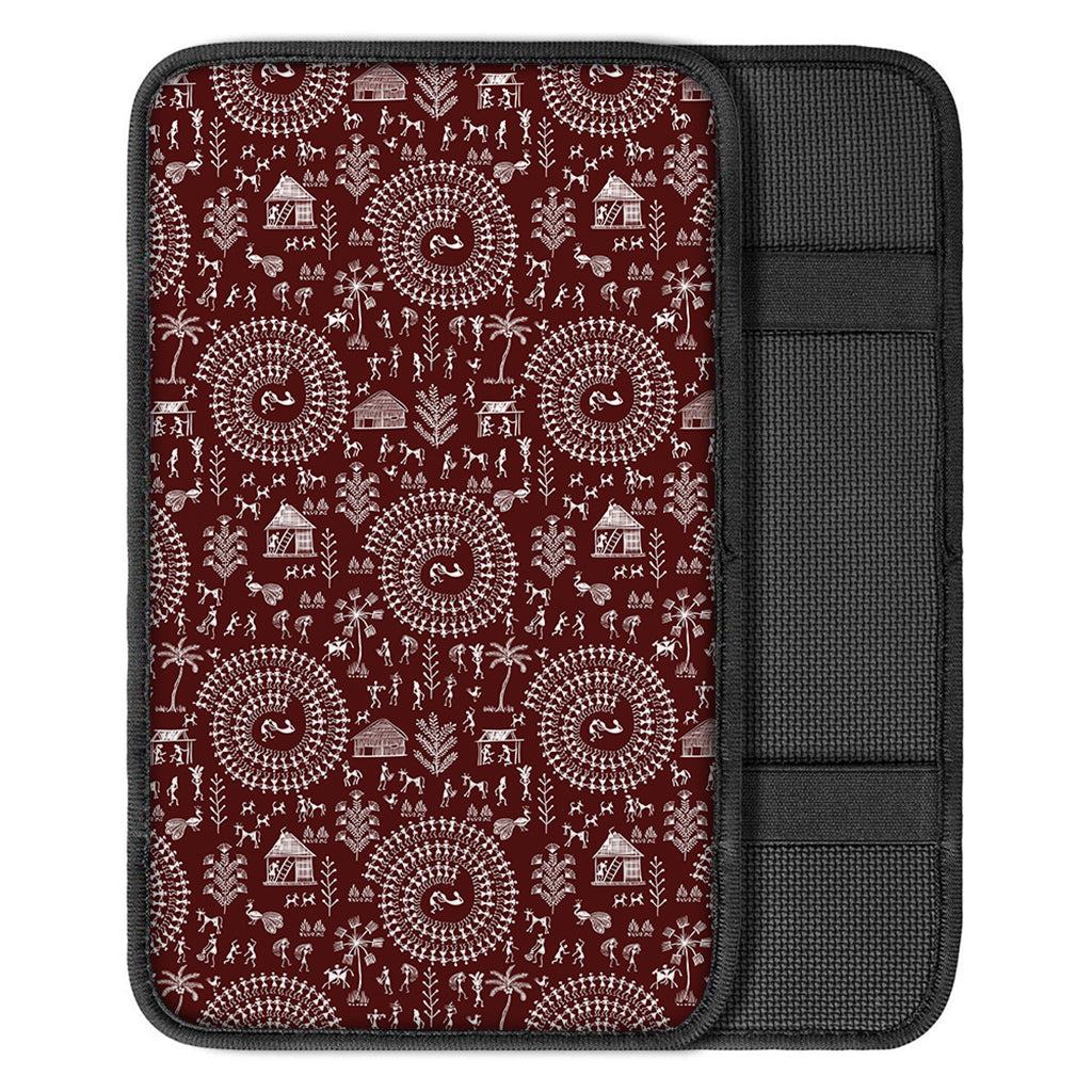 Red And White Warli Tribal Print Car Center Console Cover