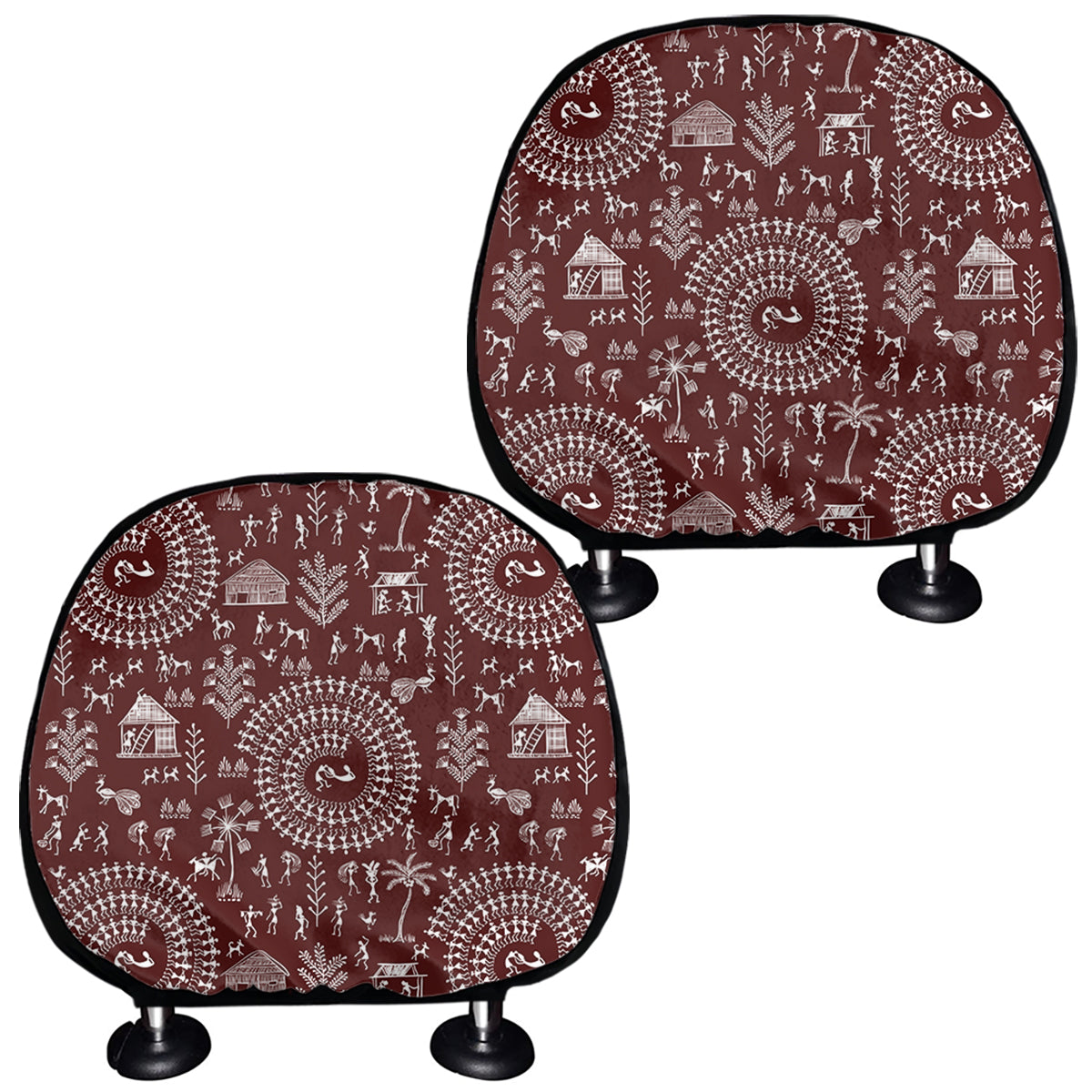 Red And White Warli Tribal Print Car Headrest Covers