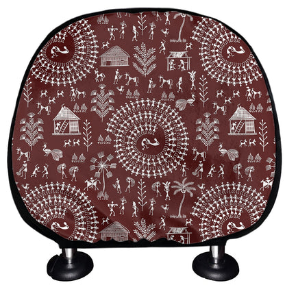 Red And White Warli Tribal Print Car Headrest Covers