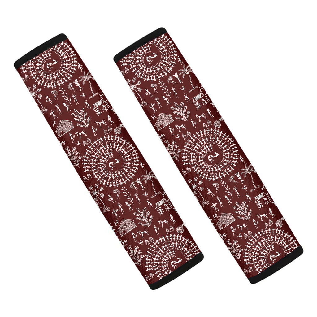 Red And White Warli Tribal Print Car Seat Belt Covers
